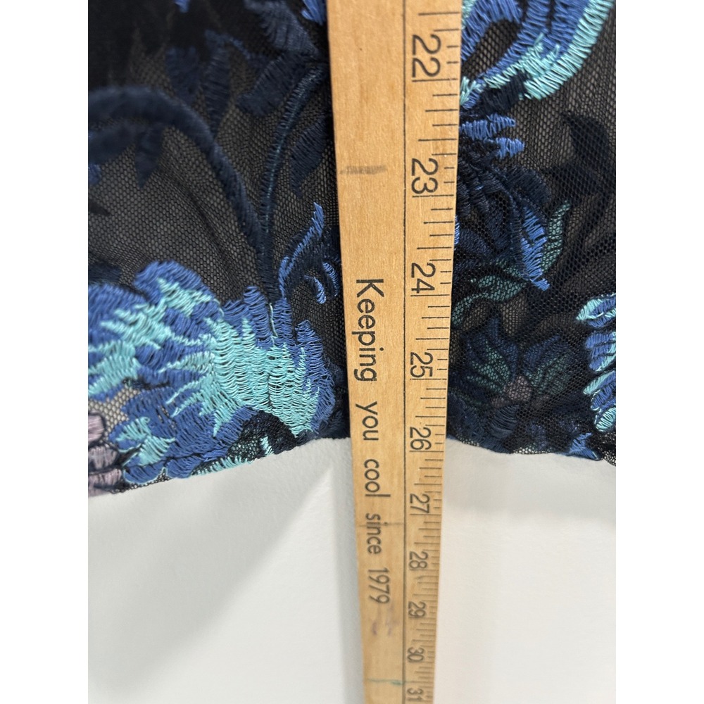 Sheer Black Mesh Floral Embroidered Button Down Shirt Blue Teal Top XL - Picture 7 of 9
